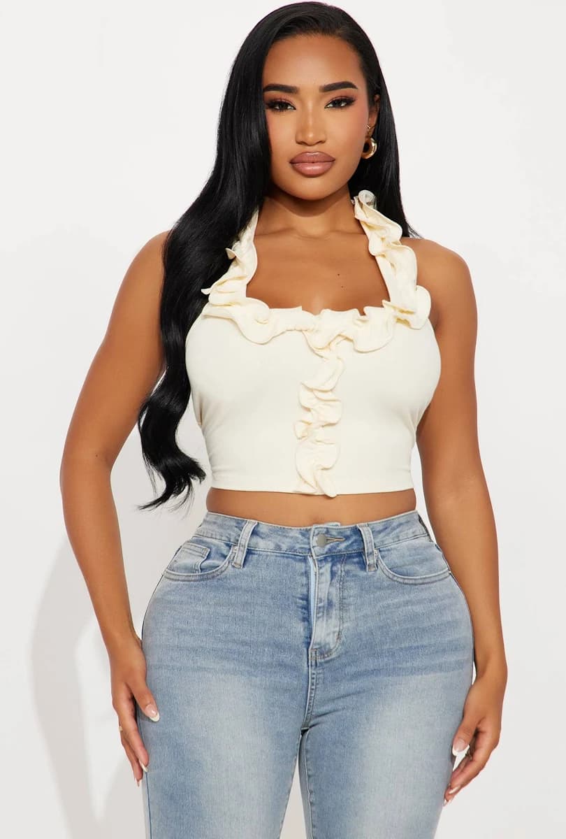 Fashion Nova Ruffle Ribbed Cropped Halter Top