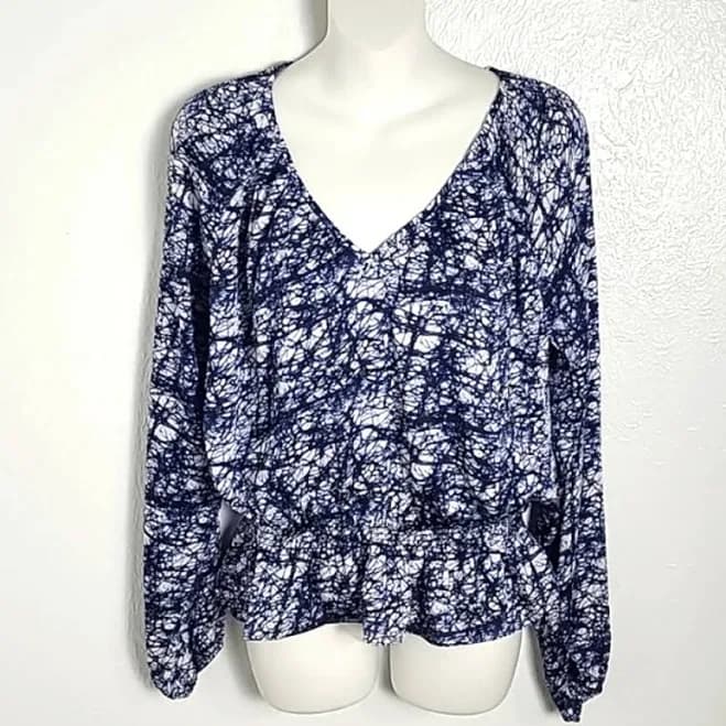 Michael Kors Navy Blue & White Abstract Print Peplum Top, Size Medium