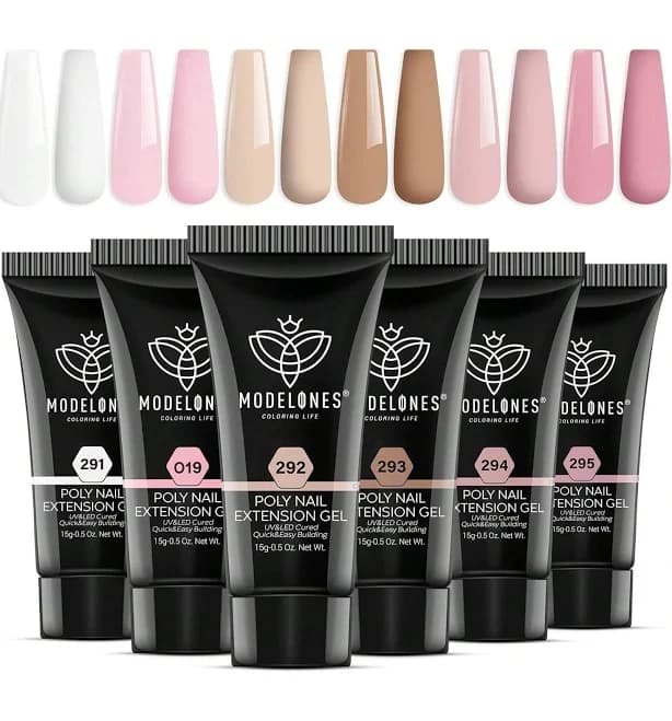 MODELONES Modelones Poly Extension Gel Kit For Nail, 6 Colors Pink Nude Collection Poly Nail Gel Set Builder Nail Gel Gentle Colors French Manicure