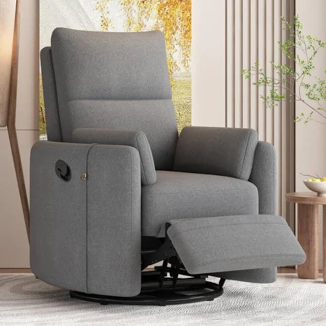 Gray Upholstered Swivel Manual Rocker Recliner Chair