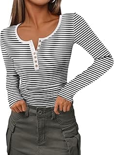 Womens Long Sleeve Henley T Shirts Button Ribbed Knit Slim Fitted Tee Tops Basic Casual Work Blouse XS-XXL