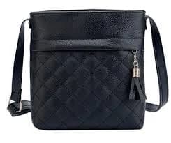 Black Crossbody Faux Leather Tassel Messenger Handbag Quilted Stitching