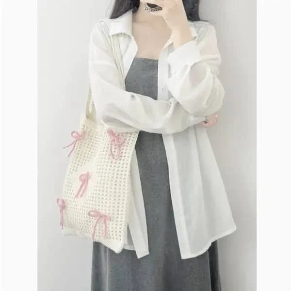 Hollow Knit Tote Bag with Pink Bows