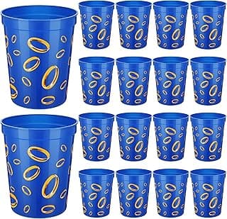 Qinyoung 24 Pcs Blue with Gold Ring Print Themed Birthday Party Supplies Plastic Cups Reusable 16oz Cups for Cartoon Theme Birthday Party Holiday Events Decoration Favors