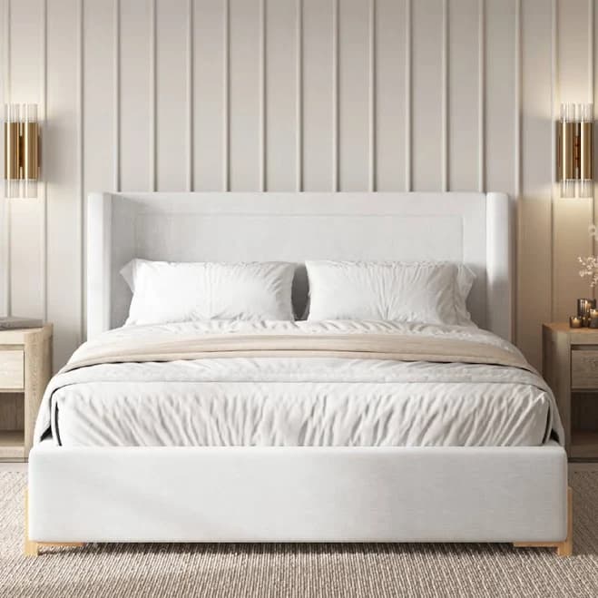 Modern Cream Queen Size Platform Bed Frame with Wingback Headboard,Velvet Upholstered Mattress Foundation with Wooden Legs and Strong Slats Support,No Box Spring Needed (Cream, Queen)