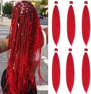 Red Braiding Hair Pre Stretched 26inch 6Packs EZ Braid Pre Stretched Braiding Hair For Braids Hot Water Setting Soft Yaki Synthetic Hair Extensions(#Red,6Packs,26inch)