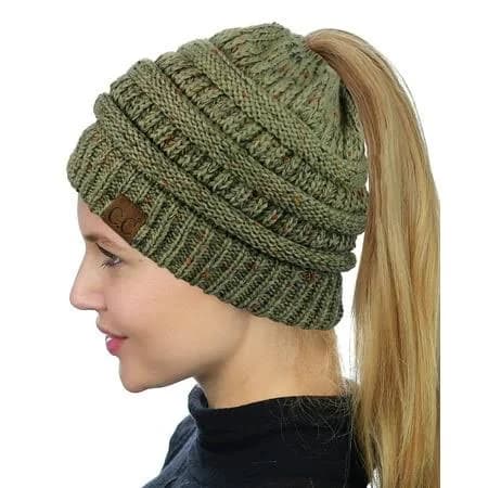 C.C Soft Stretch Cable Knit Messie Bun Beanie Hat