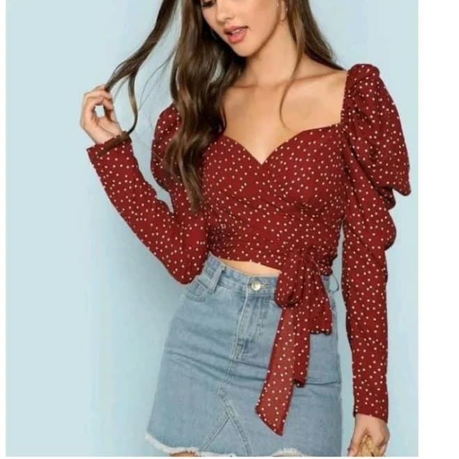 Berrylush Women Red Puff Sleeve Wrap Polka-dot Crop Top 10