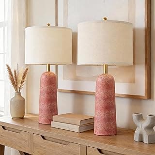 27.25" Modern Table Lamp Set of 2, Red Resin Table Lamps with Stone Look, Lamps for Living Room with Linen Shades, Bedside Lamps for Bedroom Nightstand, Table Lamps for Living Room End Tables