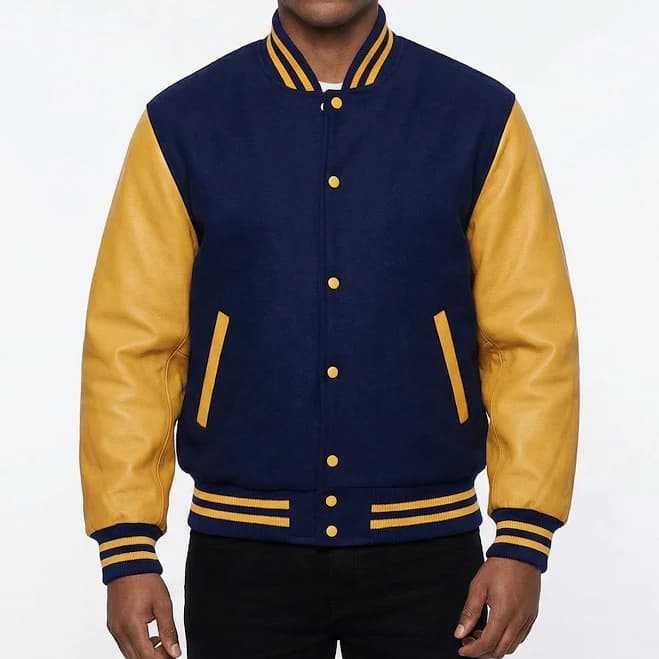 Classic Varsity Letterman Jacket Navy Blue Wool with Gold Sleeves