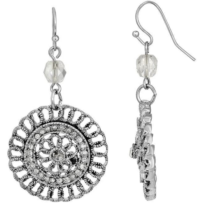 1928 Silver-Tone Crystal Round Drop Earrings