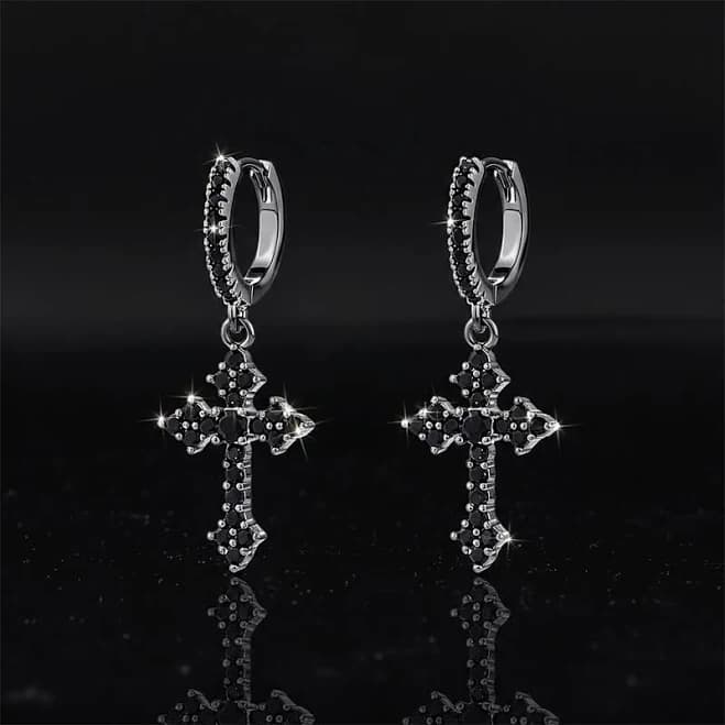 Helloice Iced Cross Dangle Earrings in Black Gold Plated