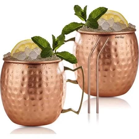 Copper Moscow Mule Mug with Brass Handle Set of 2, 16oz Hammered Copper Finish Cocktail Mug for Beer, Juice & Cold Drinks, Metal Drinkware for Home