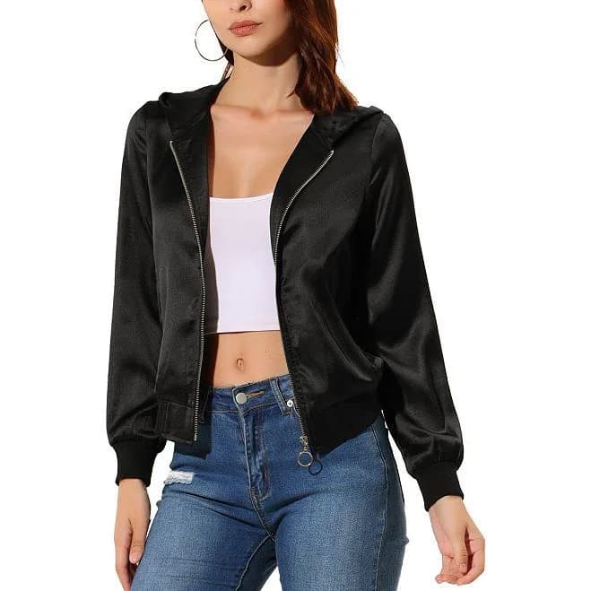 Allegra K Metallic Zipper Bomber Jacket