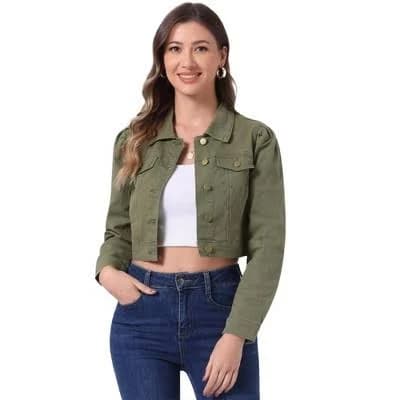 Women's Allegra K Lightweight Button Down Puff Sleeve Cropped Denim Jacket