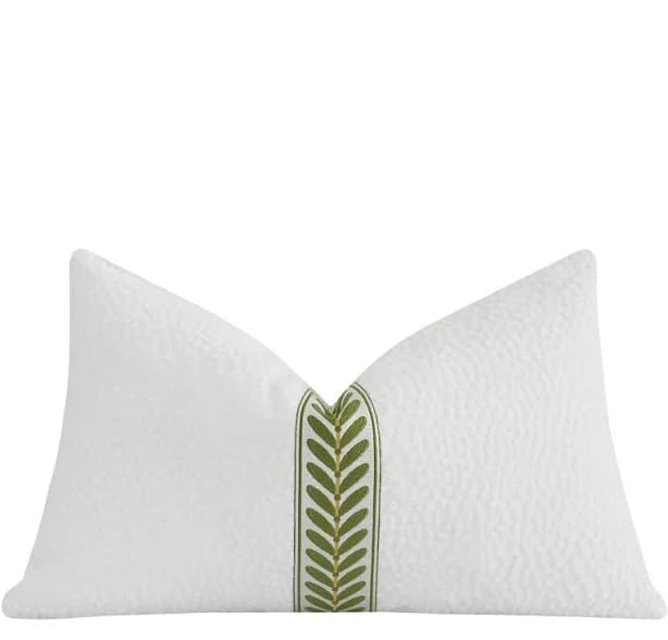 White Dotted Chenille Green Leaf Trim Pillow 18x18 Cover Only
