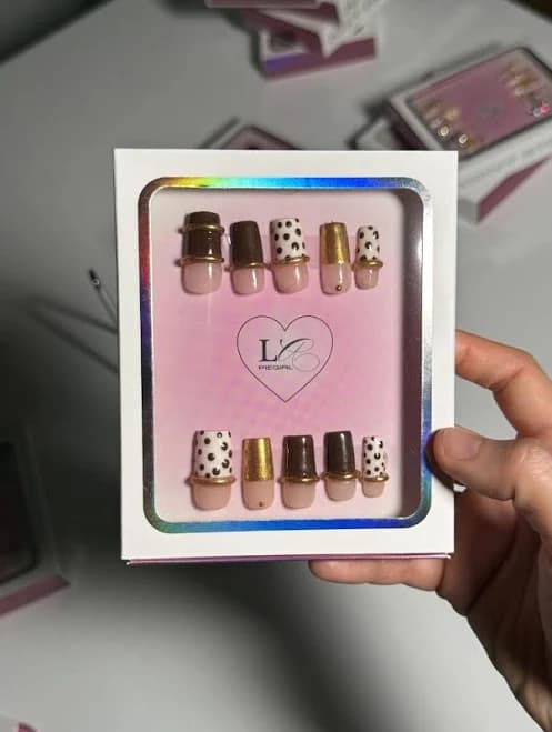 Y2K Press On Nails | Pink Brown Gold Polka Dot Set | Reusable Gel Nails