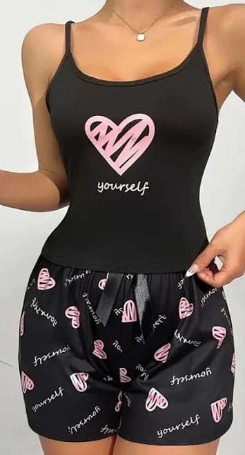 Heart Print Pajama Set Women's XL Crew Neck Backless Cami Top & Shorts