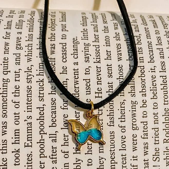 Butterfly Charm Choker, Black Faux Suede, Enamel Necklace 90s Retro