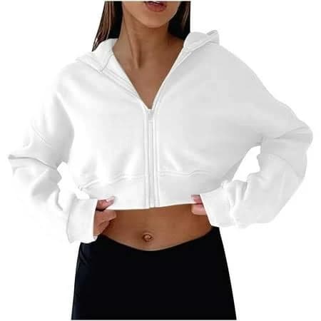 Yugyxl Women's Cropped Zip Up Hoodie Cute Workout Drawstring Hoodie Sweatshirt Jacket Casual Long Sleeve Coat White XXL, Size: 2XL