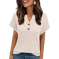 Dimur Womens Spring Tops 2026 Short Sleeve Shirts Dressy Casual Henley Blouses V Neck Flowy Fashion Clothing Army Green S at Amazon Women's Clothing store