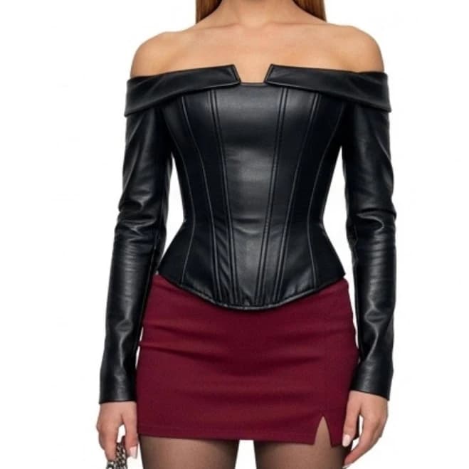 E-Girl Off-Shoulder Genuine Leather Corset Top
