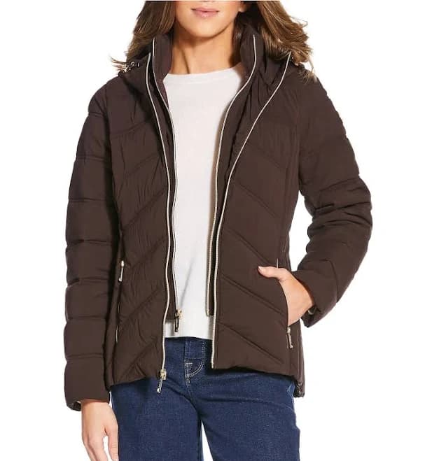 Michael Michael Kors Women's Quilted Stand Collar Hooded Water Resistant Down Puffer