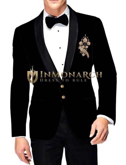 InMonarch Men's Slim Fit Velvet Blazer with Golden Hand Embroidery
