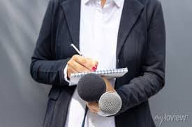 News reporter or tv journalist at press conference or media event, posters for the wall • posters marketing, work, writing | myloview.com