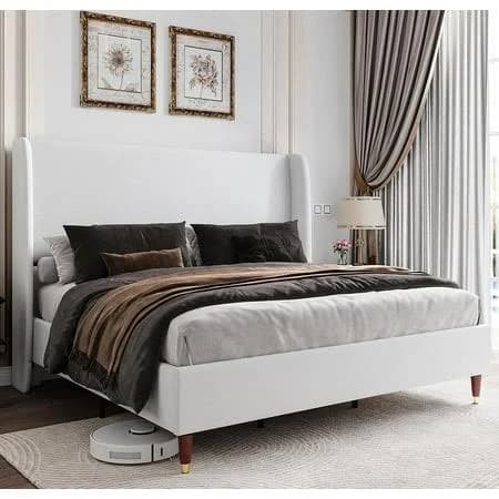 Luxoak Queen Bed Frame with 51.2 inch Wingback Headboard,Linen Upholstered,No Box Spring Needed,White