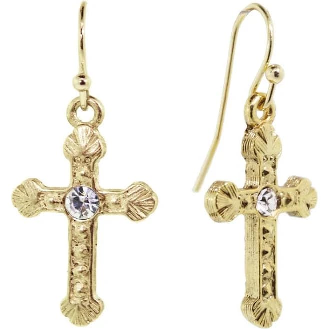 14k Gold Crystal Cross Drop Earrings