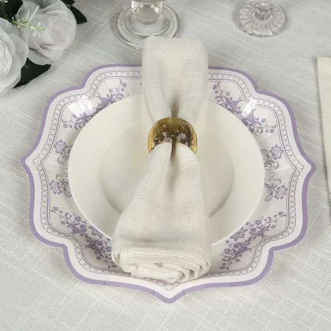 25-Pack Dessert Plates White Damask Floral Scallop Rim