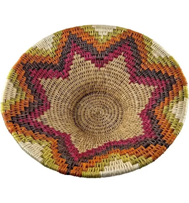 Artisan Woven 12" Brim Basket Bowl 90's Colorful Boho Decor Decorative