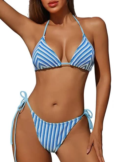 ZAFUL Women's Halter Flocking Textured Triangle Tie Side String Bikini Set