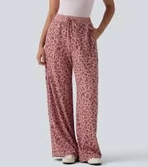 High Waisted Drawstring Wide Leg Leopard Print Waffle Casual Pants with Pockets