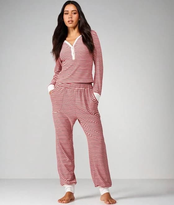 Missguided Striped Henley Lounge Set with Ribbed Cuffs