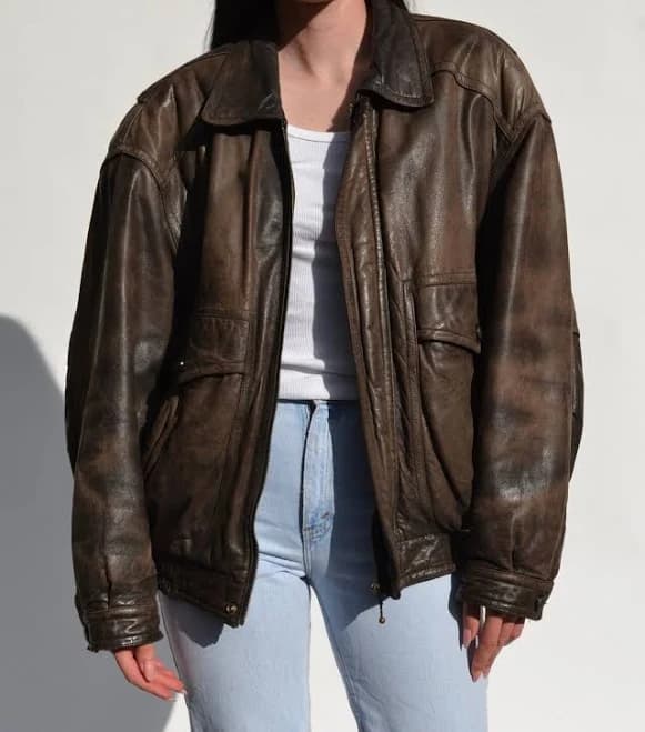 90s Women's Baggy Style Distressed Brown Oversized Leather Bomber