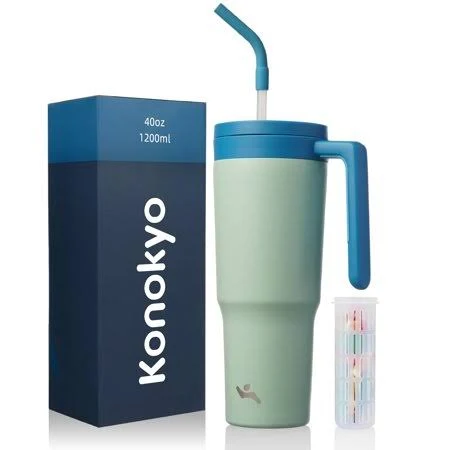 Insulated Tumbler with Handle and Straw,40 OZ Vacuum Stainless Steel Water Bottle Travel Mug Metal Cup with Fruit Diffuser,Mist Blue