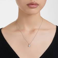 Birthstone pendant, Square cut, April, White, Rhodium plated | Swarovski