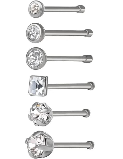 Body Jewelry Women's Stainless Steel Crystal Stud Nose Rings (6 Pack)