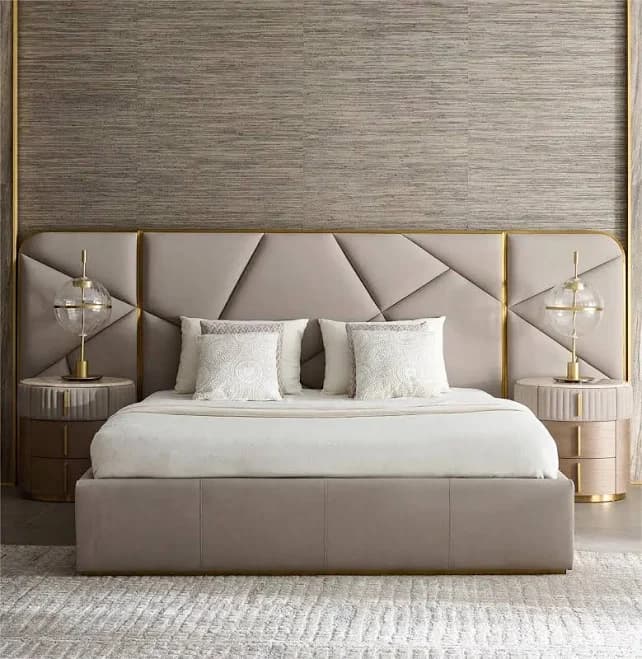 Modern Fabric Upholstered Bed with Gold Accents