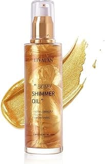 Liyalan Shimmer Body Oil 5 Color Gold 3.38 Fl Oz Face Glow Pearl Highlighter Illuminator Body Makeup Shine Glitter Gold Liquid Taning