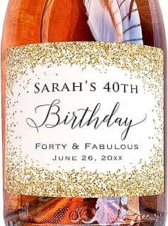 6 Custom Birthday Gold Glitter (Not Real Foil) Champagne Bottle Label, Waterproof Stickers for Birthday Celebration Party (Gold/Yellow, Champagne Label)