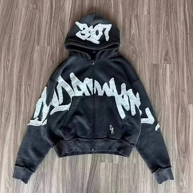 Y2k Retro 90s Oversized Graffiti Lettering Hooded Jacket