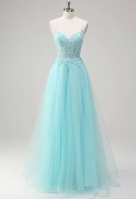 Zapaka Women's Applique Beaded A-Line Spaghetti Strap Corset Tulle Prom Dress