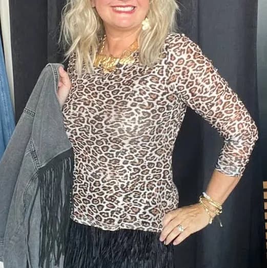 Mesh Long Sleeve Leopard Print Top