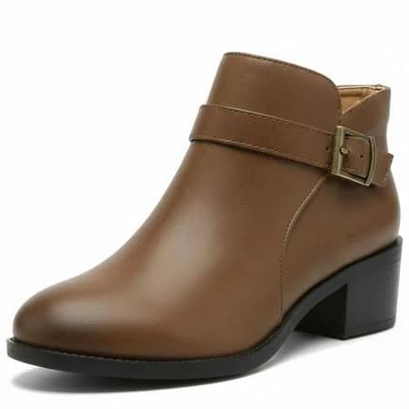 Ecetana Women's Chunky Low Heel Round Toe Leather Ankle Boots
