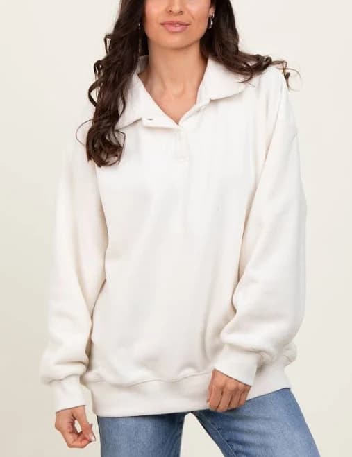 Ivory Fleece Collared Button Up Pullover