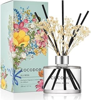 COCODOR Flower Reed Diffuser Set / 6.7oz / White Jasmine/Scent Diffuser with Sticks Home Fragrance Reed Diffuser for Bathroom Shelf Decor