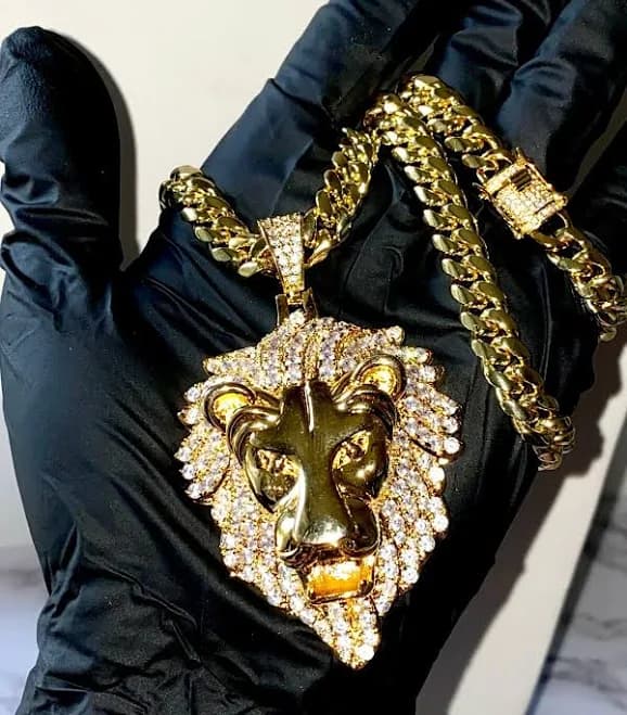 Men's 14k Gold Finish Stamp Miami Cuban-link Chain Lion Head Pendant